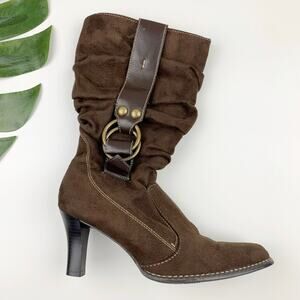 Predictions Slouchy Boots Mid Calf Faux Brown Suede Heels Zipper Women's 7.5W